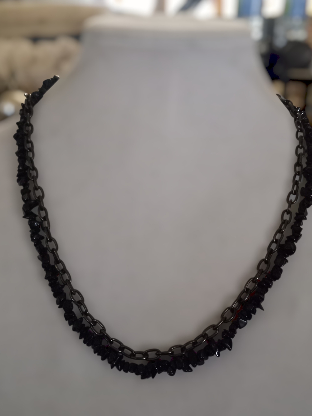 Murano Black Layered Chip Bead & Chain Necklace